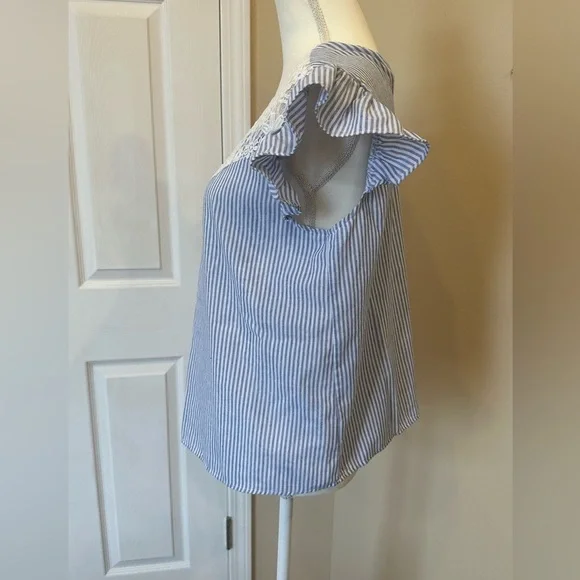 SHEIN Blue White Striped Lace Blouse Cottagecore Flutter Sleeve Boho Top Large - Picture 5 of 7